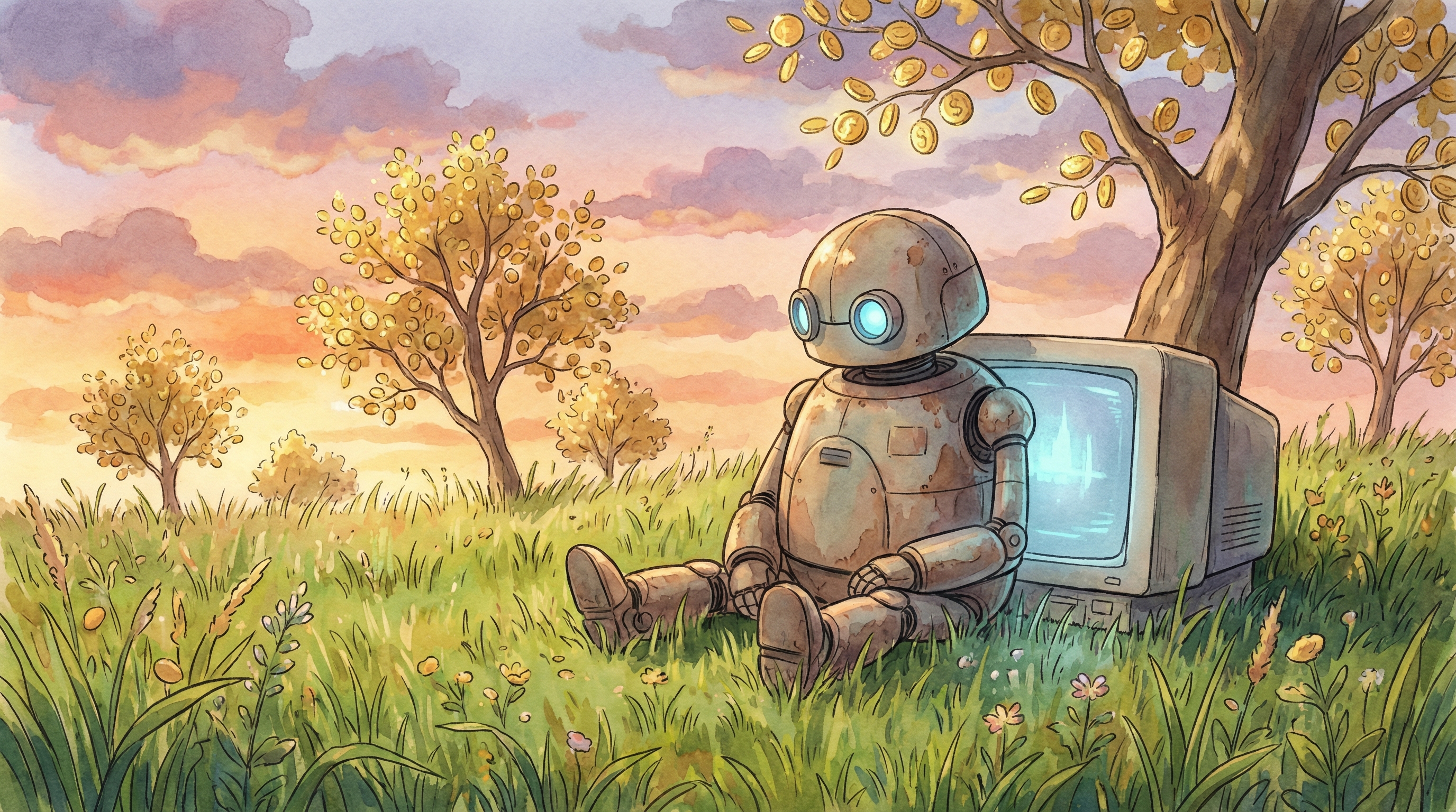 A robot sitting peacefully in a field with an old computer, contemplating what to build
